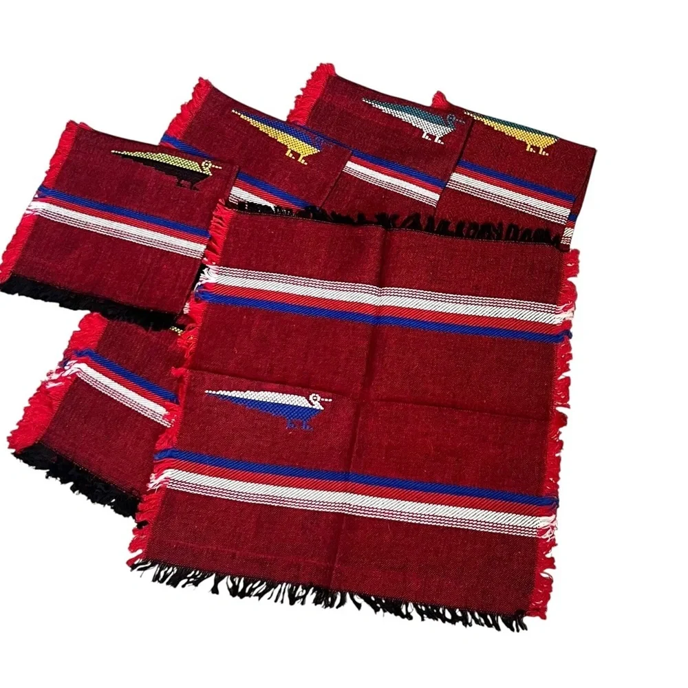 Vintage Hand Woven Mexican Bird Napkins Set Of 8 13” X 12”